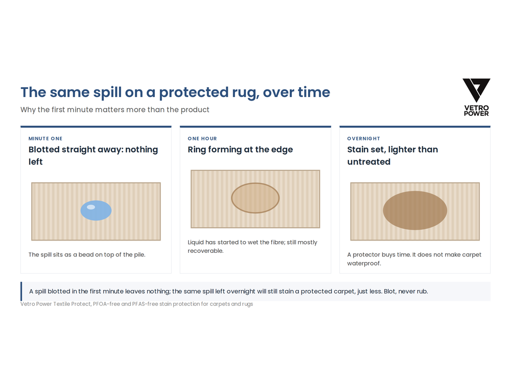 The same spill on a protected rug at one minute, one hour and overnight: blotted at once it leaves nothing, overnight it still stains, just less