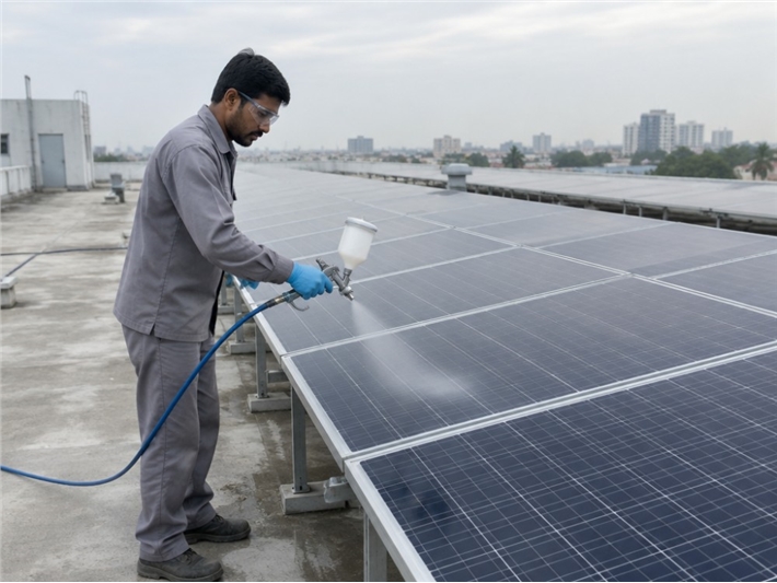 Technician spraying Vetro Power Solar Panel Nano-Shield nano coating onto rooftop solar panels with an HVLP spray gun
