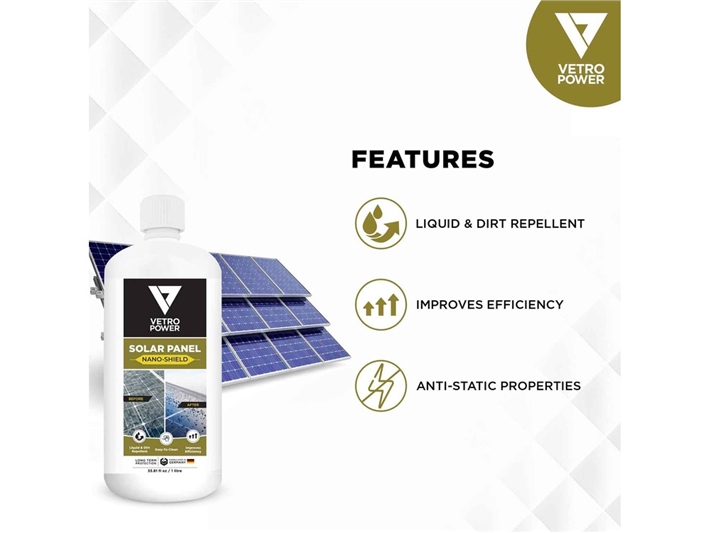 Features of Vetro Power Solar Panel Nano-Shield: liquid and dirt repellent, improves efficiency, anti-static