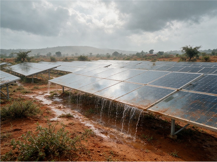 Monsoon rain washing dust off coated solar panels at a ground-mounted solar farm