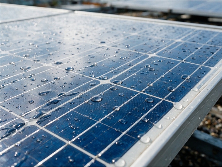 Water beading on solar panel glass treated with Vetro Power Solar Panel Nano-Shield hydrophobic coating