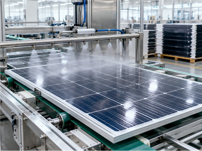 Solar panel coating applied to module glass on a factory line before dispatch
