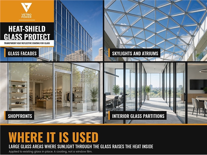 Where Vetro Power Heat-Shield Glass Protect is used: glass facades, skylights, shopfronts and interior partitions