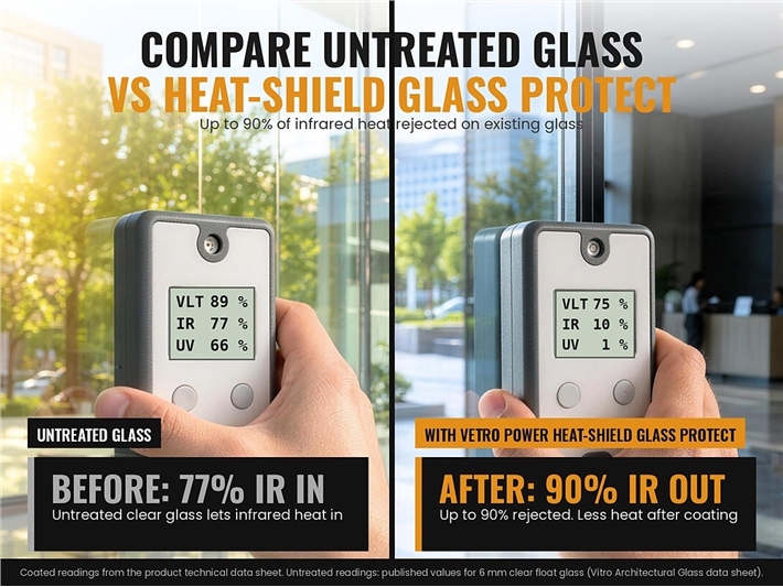Transmission meter readings on untreated glass and on glass coated with Vetro Power Heat-Shield Glass Protect