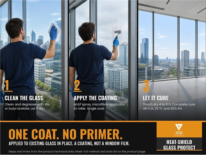 Applying Vetro Power Heat-Shield Glass Protect: clean the glass, apply one coat, let it cure