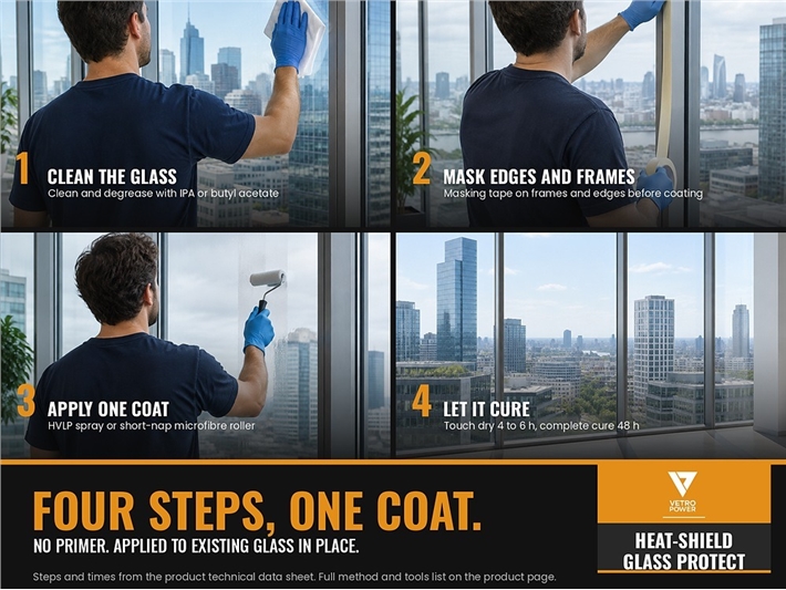 Four-step application of Vetro Power Heat-Shield Glass Protect on existing glass