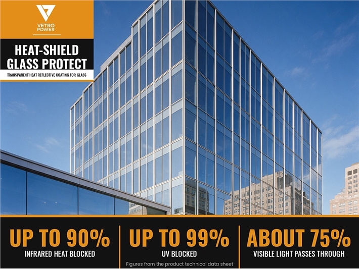 Vetro Power Heat-Shield Glass Protect on a glass office facade: up to 90% IR and 99% UV blocked, about 75% visible light